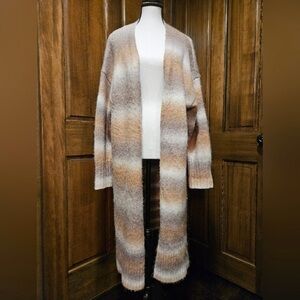 Z Supply Long Open Cardigan Duster Oversized M Brown Cream Taupe Orange Fuzzy